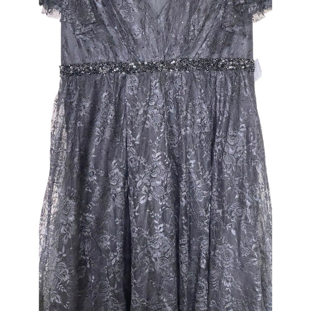 Mac Duggal Lace V-Neck Beaded Tea Length‎ Midi Cocktail Dress Black Size 14W - Picture 7 of 15